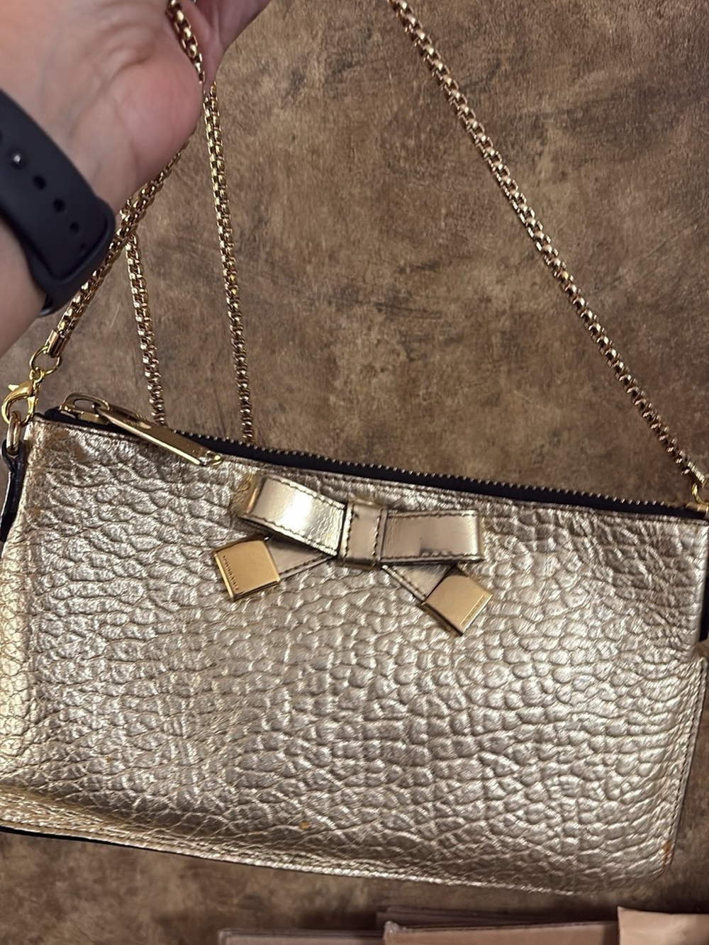 Burberry Metallic Gold Leather Bow Chain Wristlet